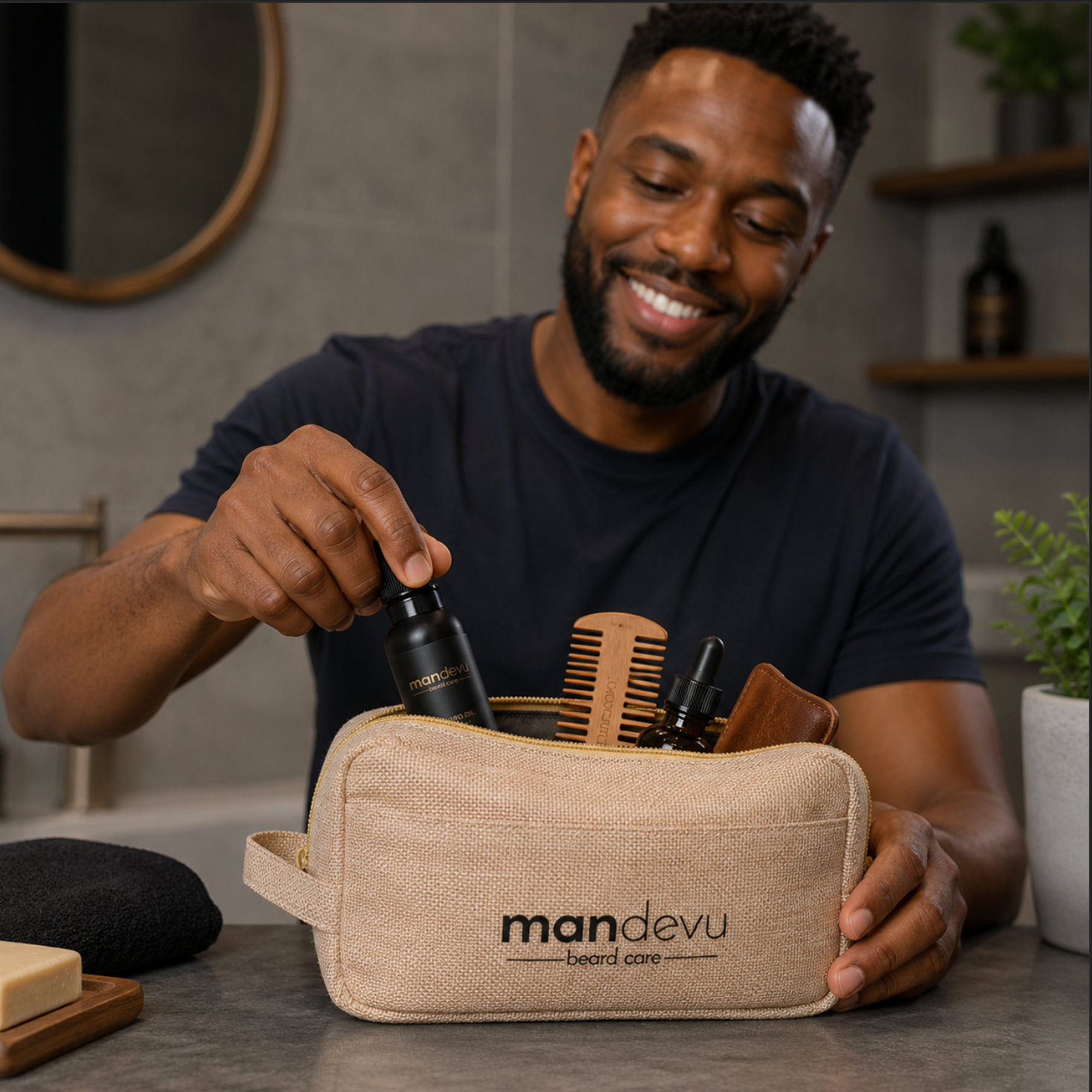 Man opening a mandevu branded toiletry bag with grooming products.