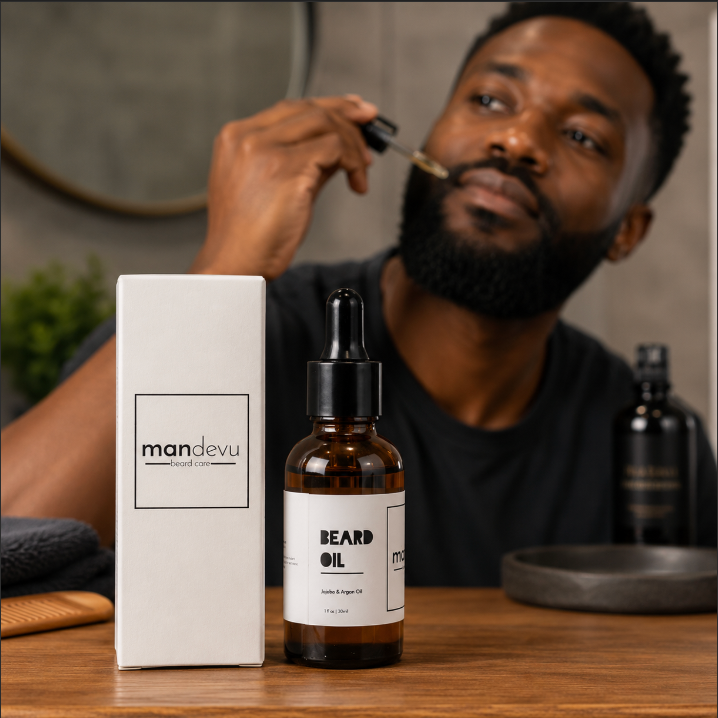 Man applying beard oil with mandevu product packaging on a wooden table.