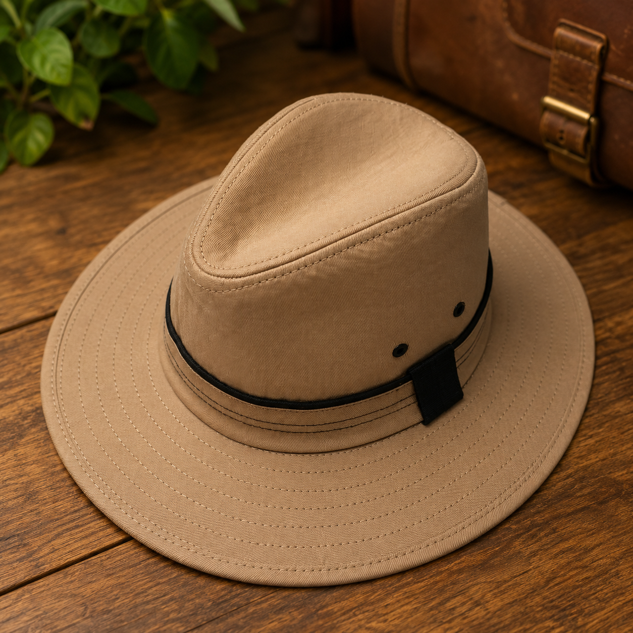 Beige hat with a black band on a wooden surface