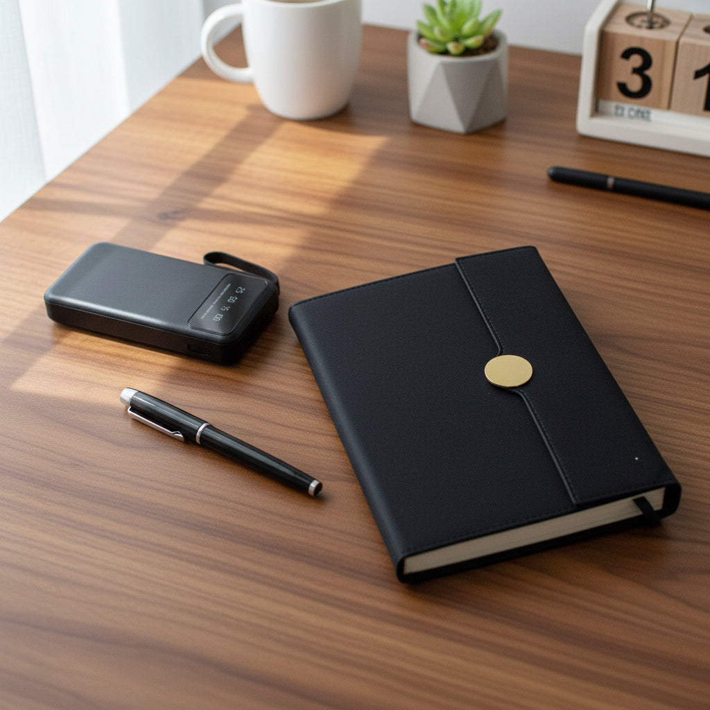 Black leather notebook with gold clasp, black pen, and black phone case on a light gray background