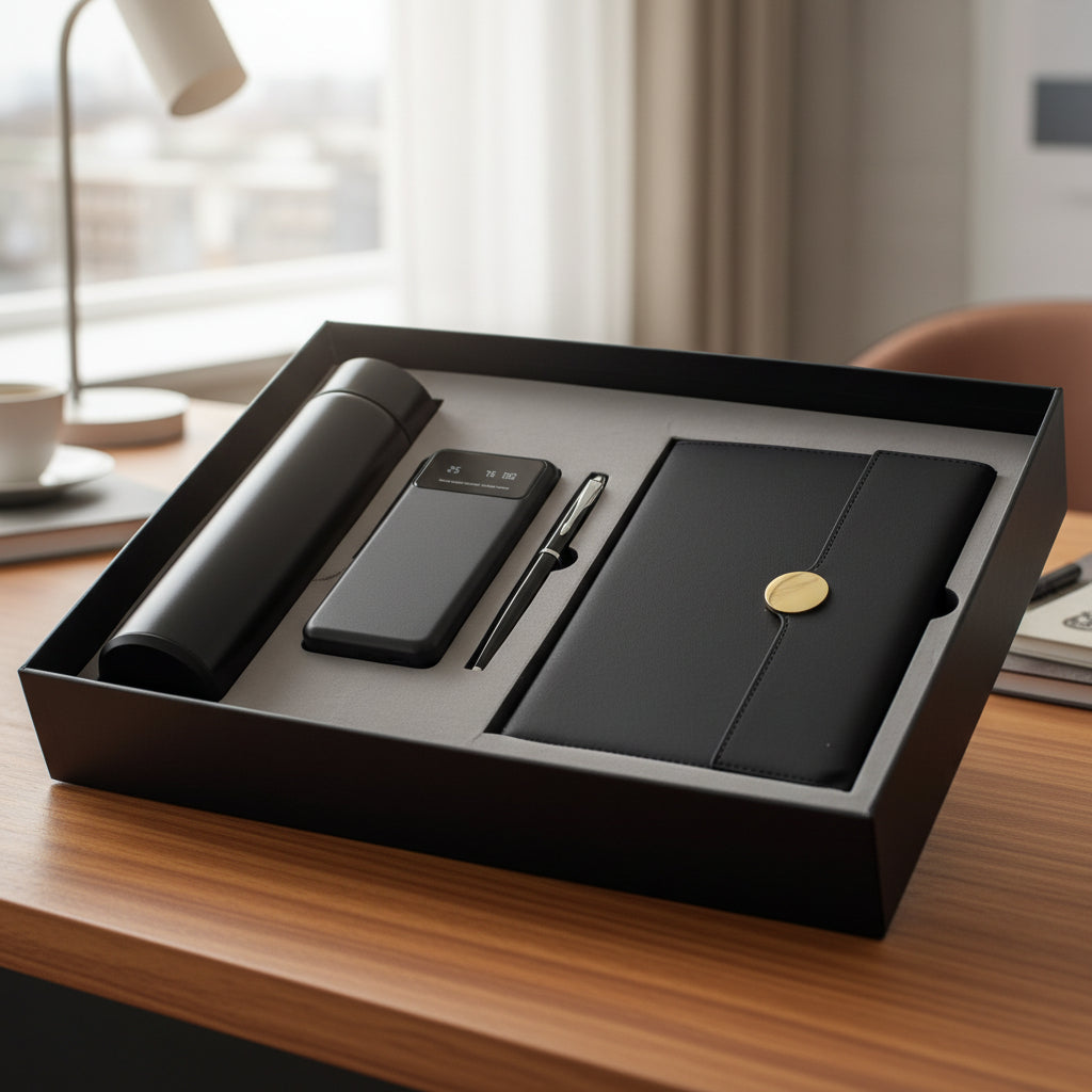 Set of black office supplies including a phone, pen, and notebook in a box on a desk.