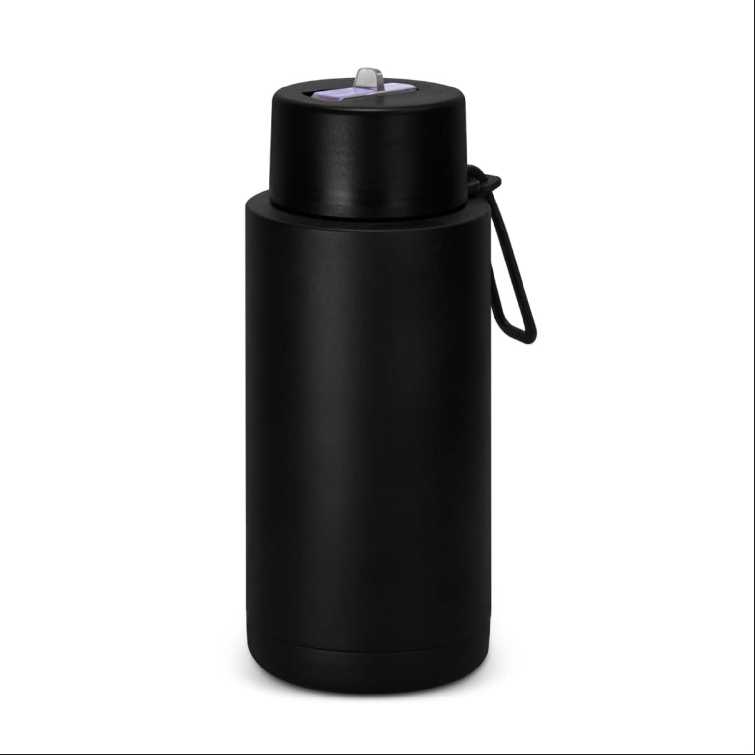 Black insulated bottle with a white background