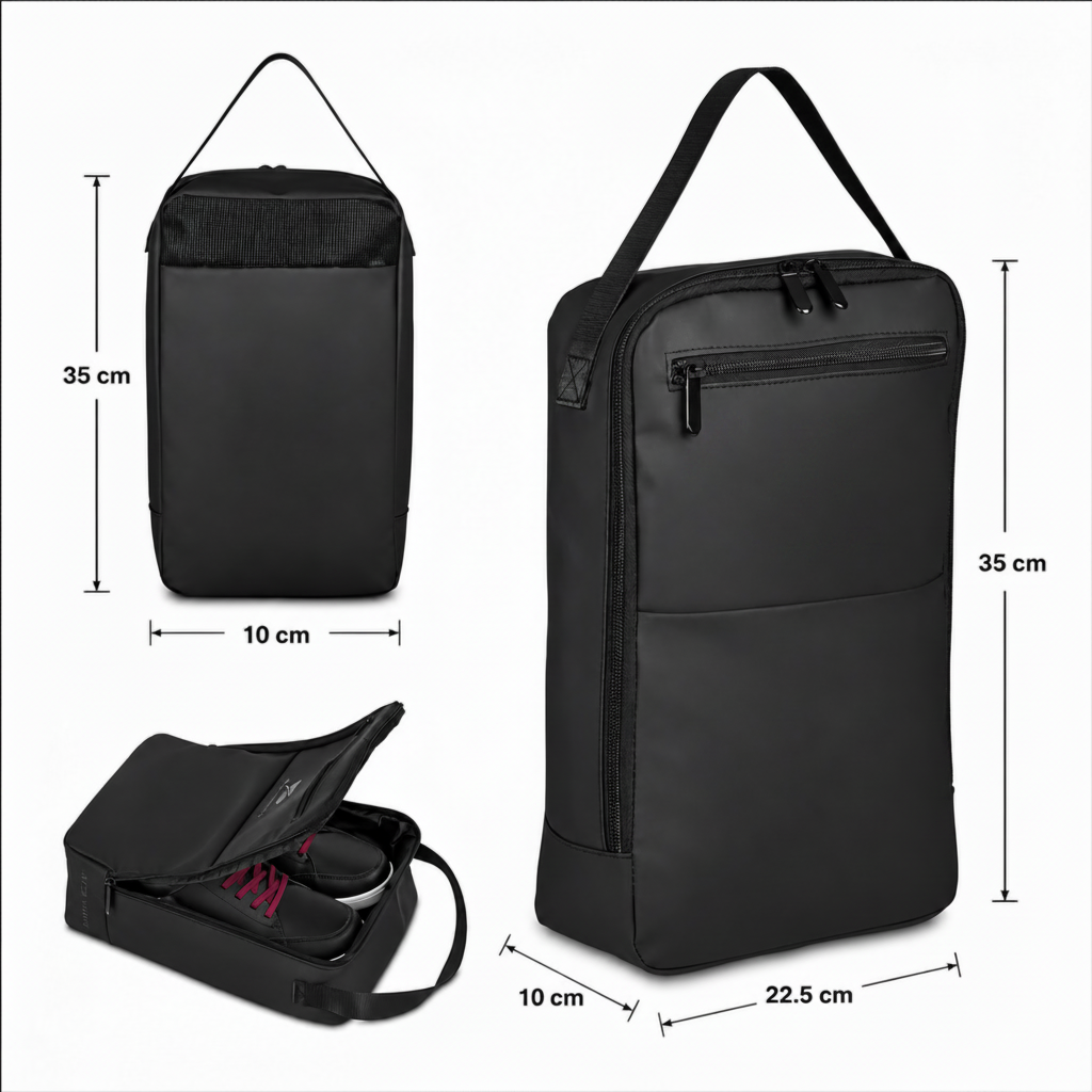 Black shoe bag with measurements and Basholli branding on a white background