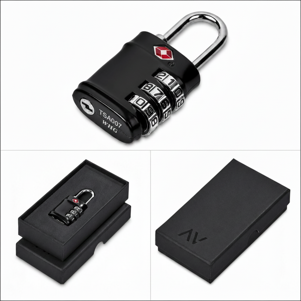 Black combination lock with a clear plastic cover on a white background