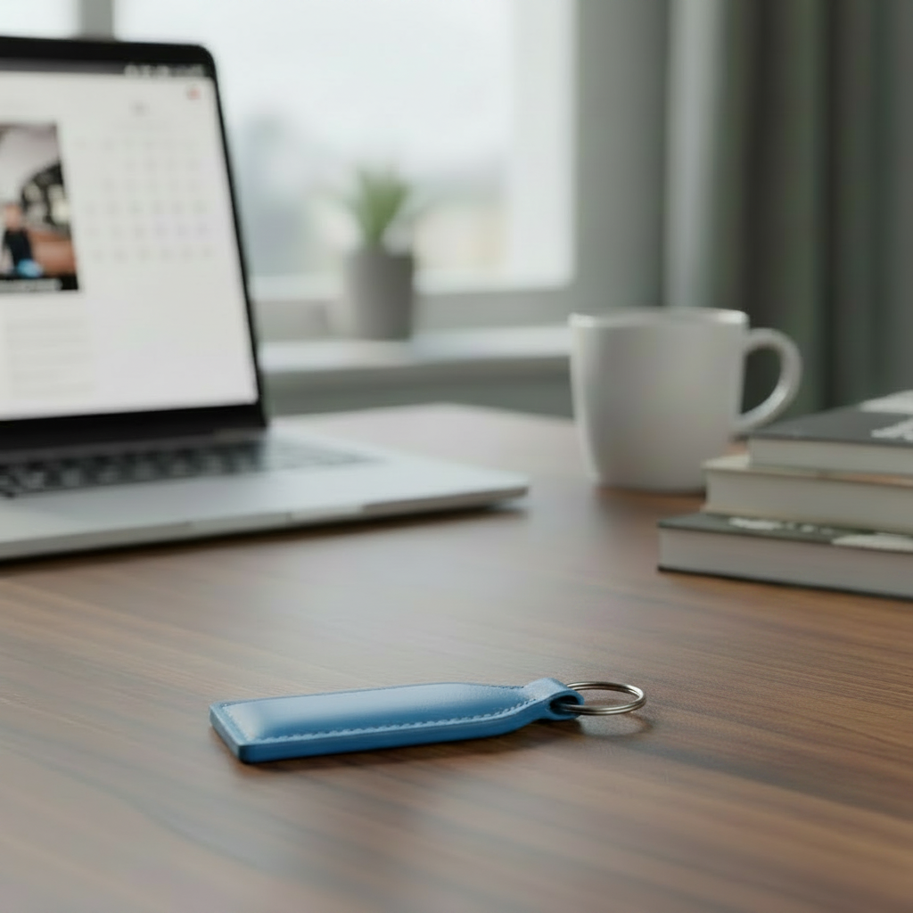 Blue keychain on a wooden desk with a laptop, mug, and books in the background.