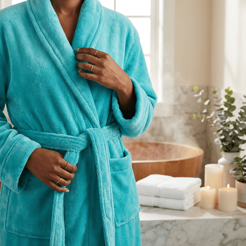 Blue Cotton Terry Fleece Robe – 100% Cotton Soft Bathrobe