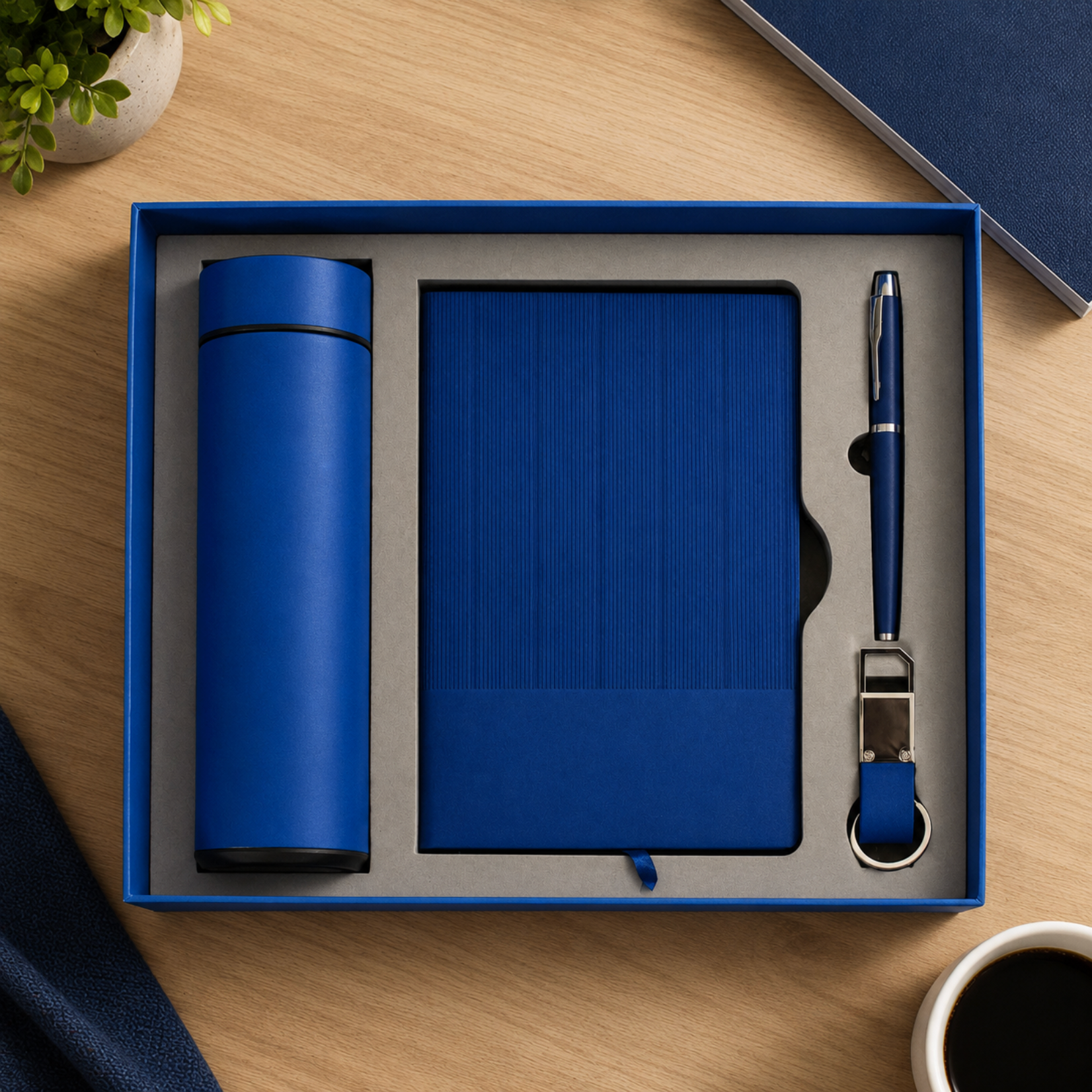 Notebook Gift Set – A5 Notebook, 500 ml Bottle, Pen & Keychain Set Black & Blue