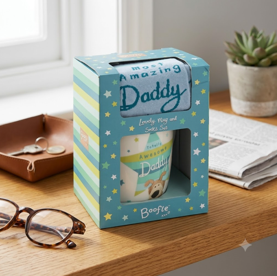 Gift box with a mug inside, featuring 'Most Amazing Daddy' text, on a wooden surface.