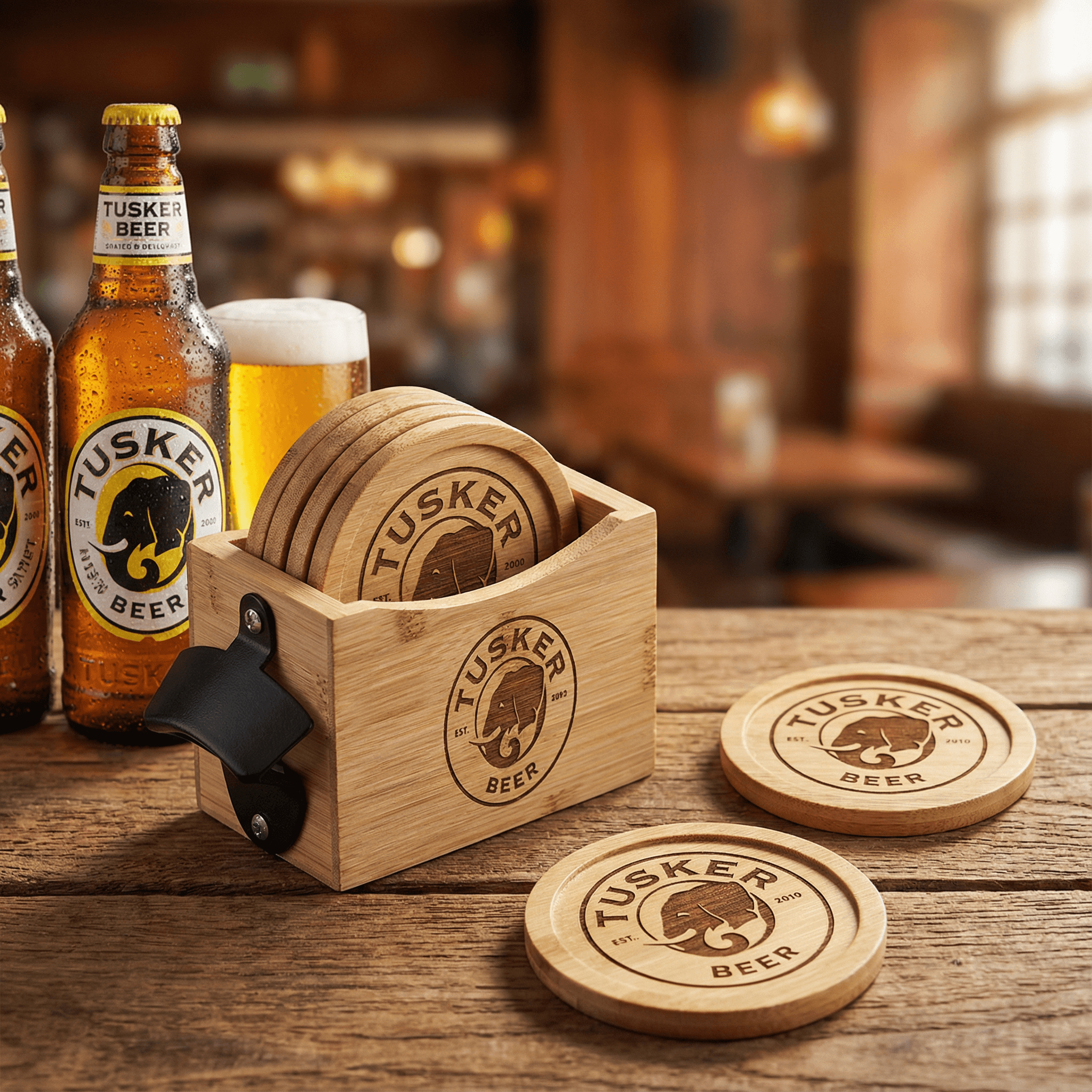 Personalised Okiyo Bamboo Coaster & Bottle Opener Set