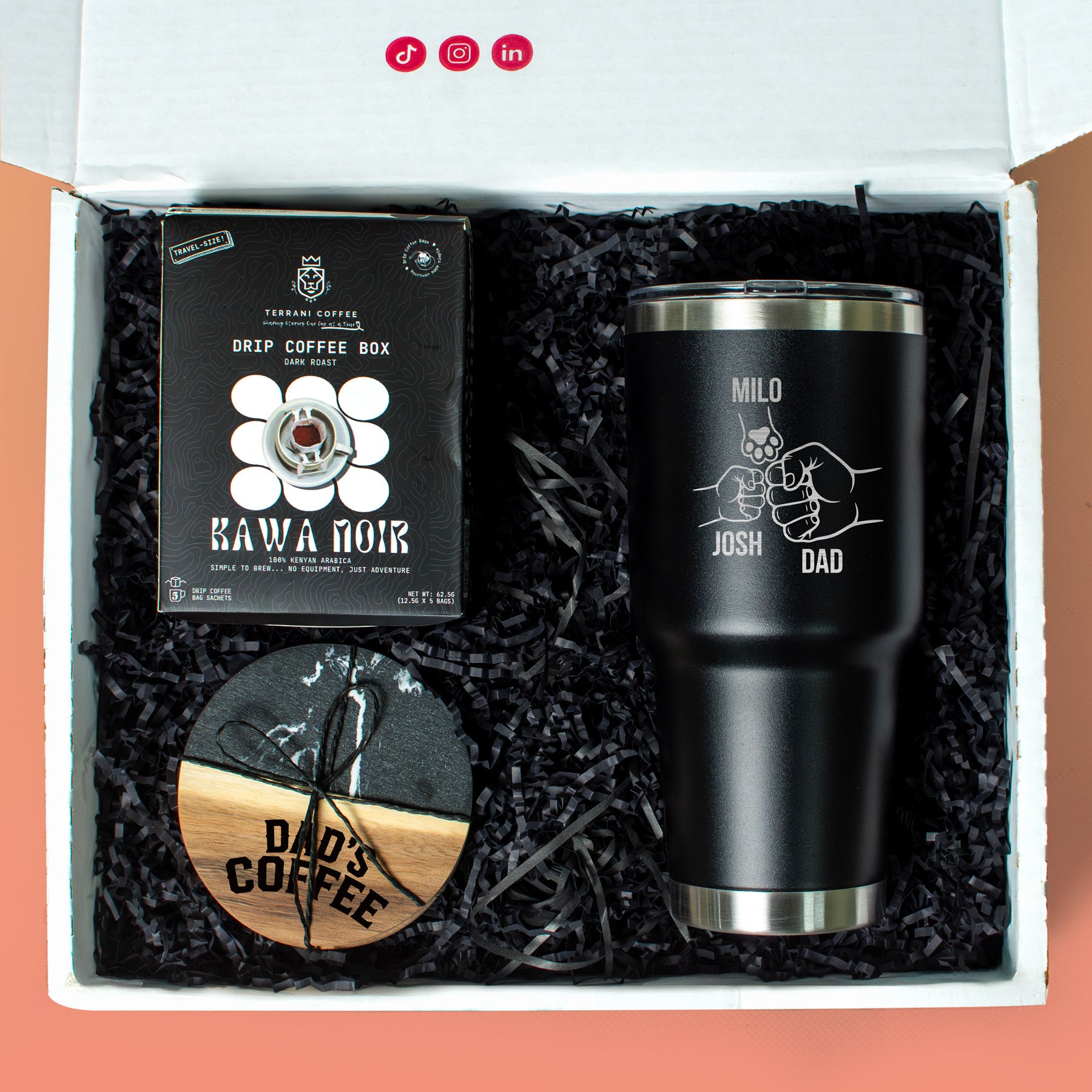 Gift set with a tumblers, coffee box, and coaster in a box.