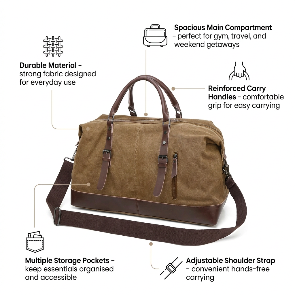 Large Canvas Travel Duffel Bag - Weekend & Gym Overnight Bag with Adjustable Shoulder Strap - 54 × 33 cm