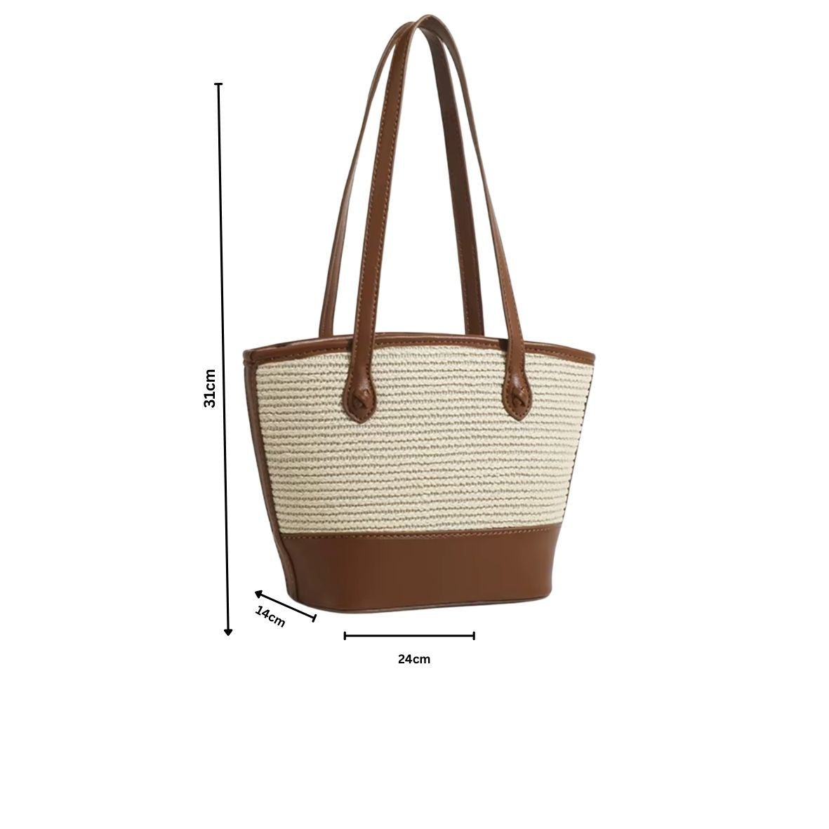 PU Leather & Rattan Woven Tote Bag – Women's Straw Handbag with Shoulder Straps – 31 × 14 × 24 cm