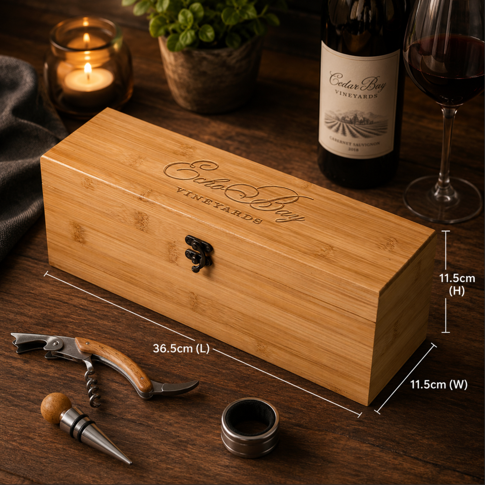Wooden wine box with measurements, wine bottle, glass, and corkscrew on a wooden surface.
