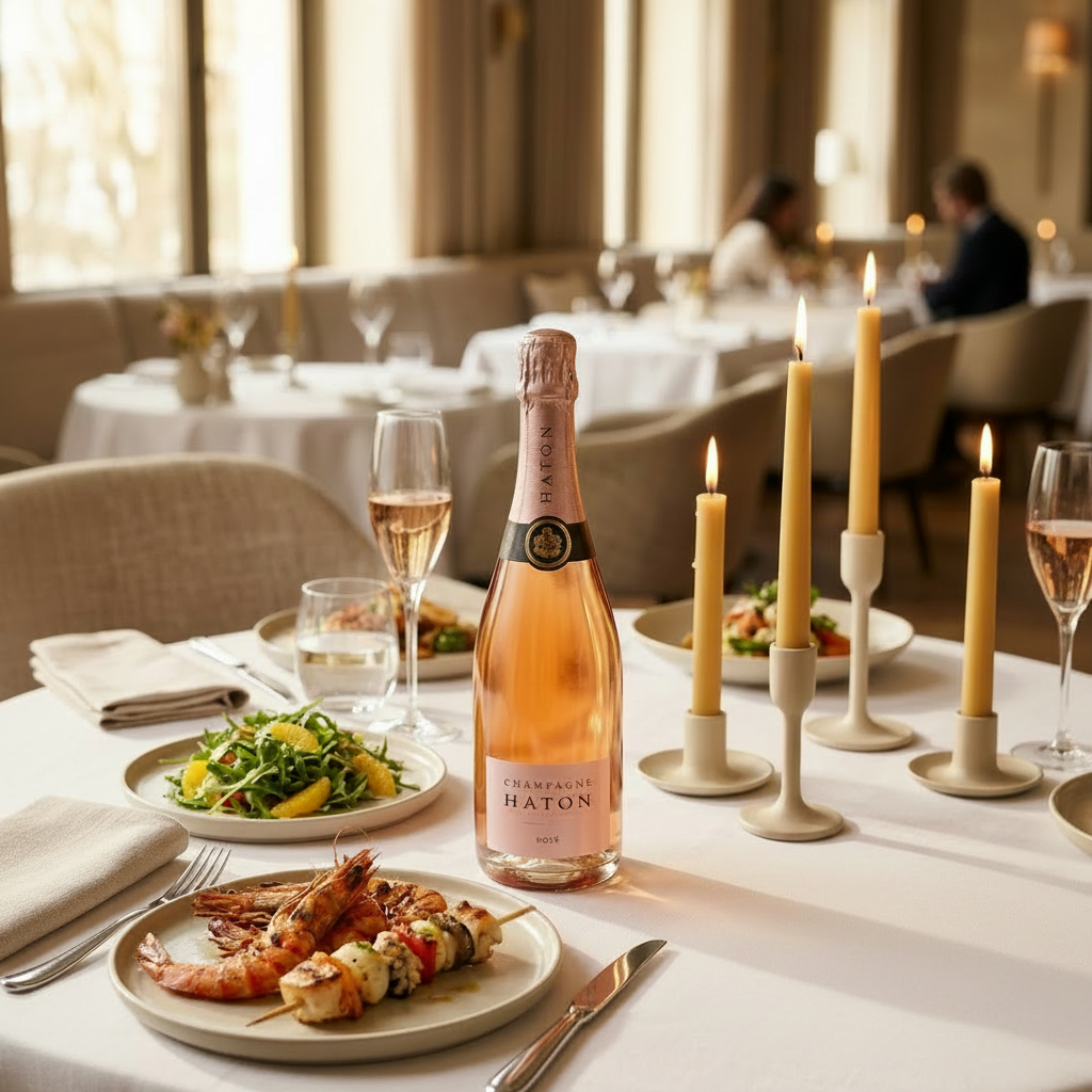 Bottle of champagne on a table with plates of food and candles in a restaurant setting