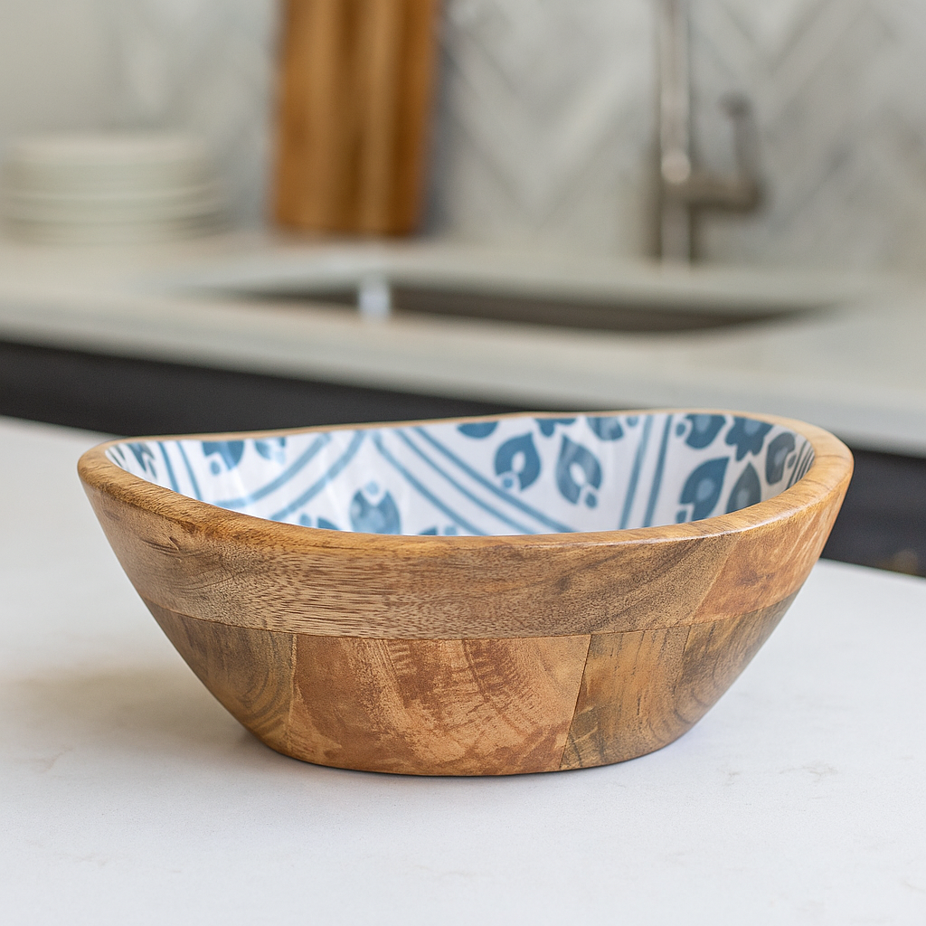 Living Mango Wood Bowl  – Blue Flowers
