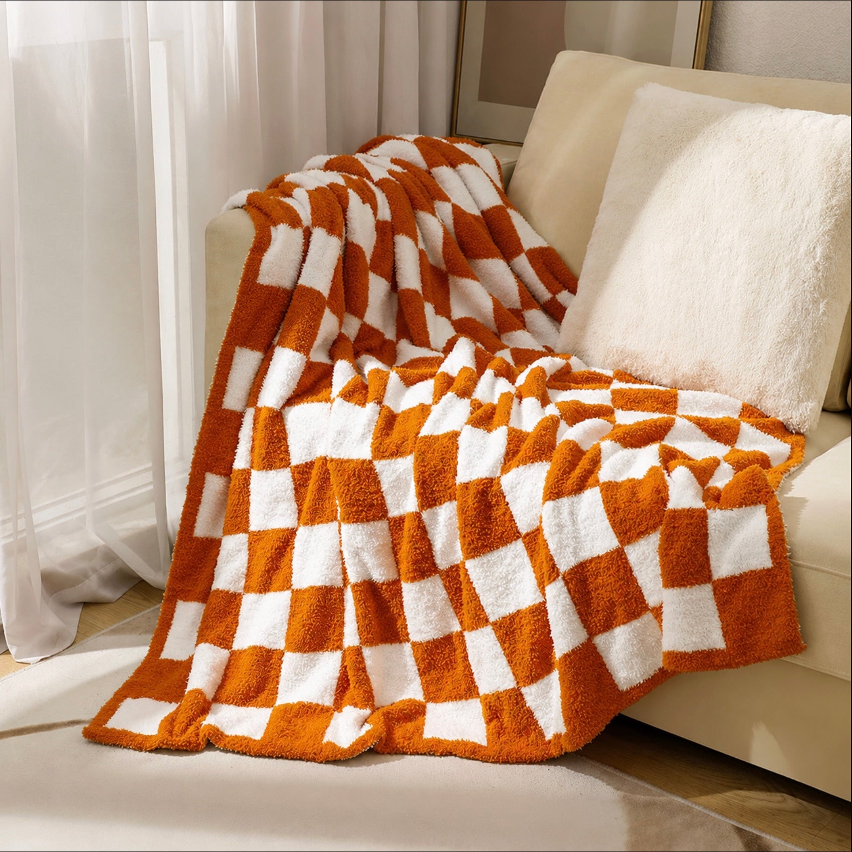 Orange Chequerboard Plaid Fleece Throw Blanket
