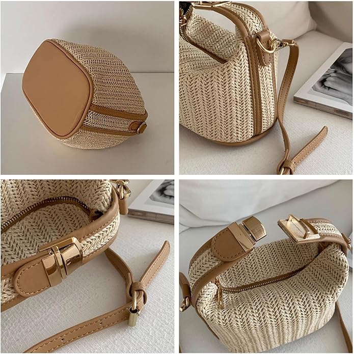 Paille Chic Straw Satchel Bag – 19 × 11 × 11 cm Woven Handbag with PU Leather Handle
