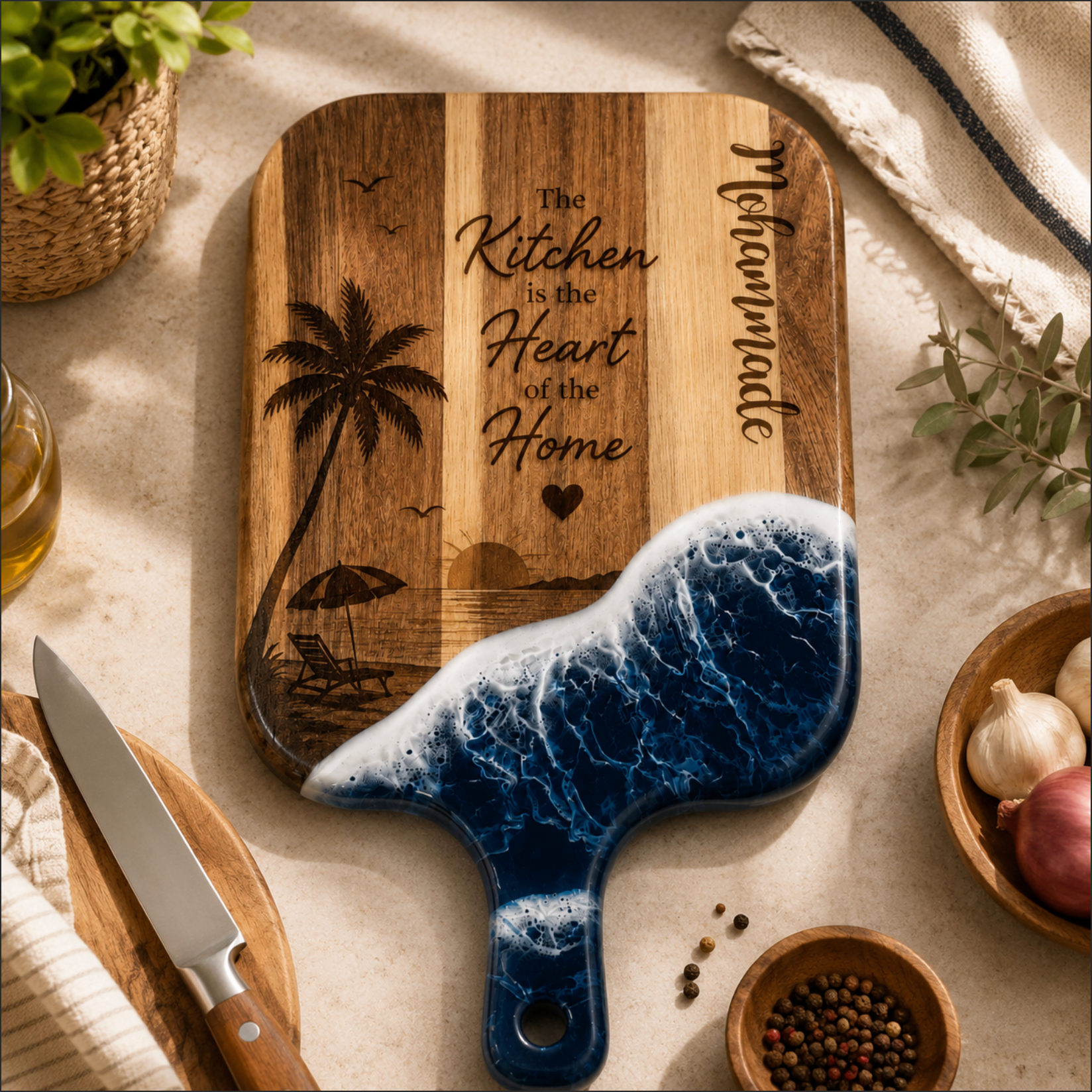 Personalised Acacia Wood Resin Chopping Board – Luxury Coastal Serving Board