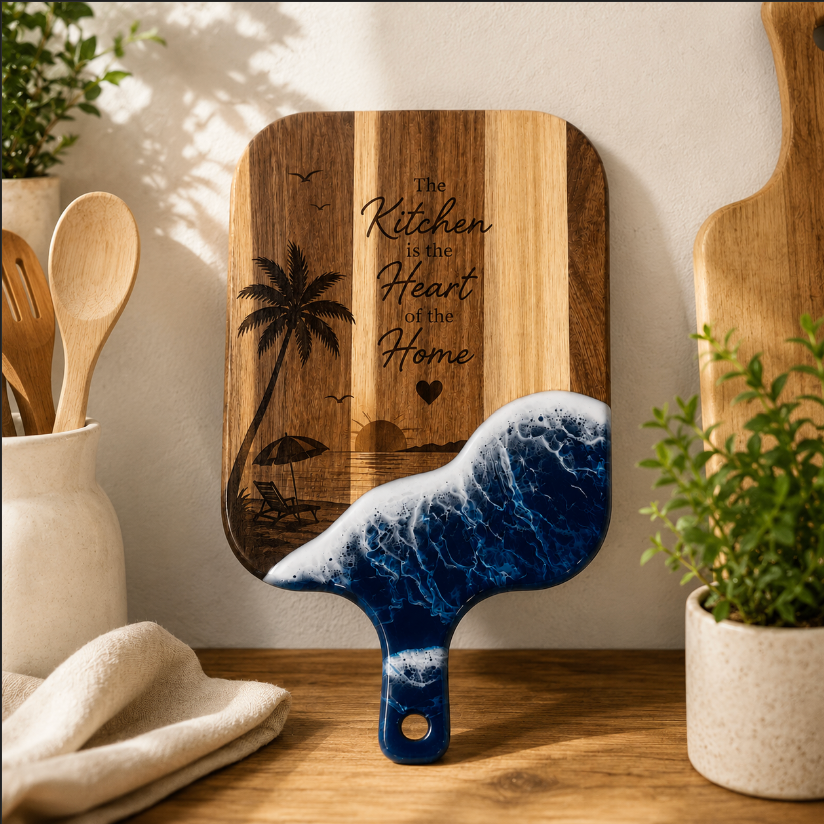 Personalised Acacia Wood Resin Chopping Board – Luxury Coastal Serving Board
