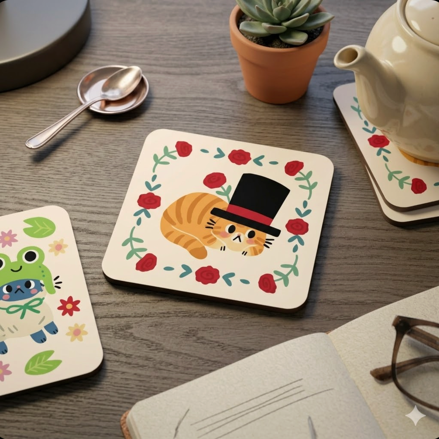Cat Square Set of 4 – 10 × 10 cm Single-Sided Drink Coasters