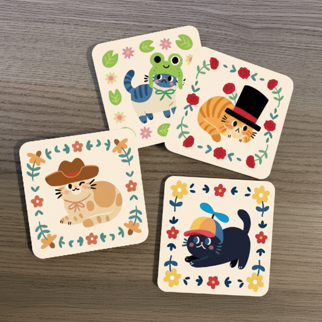 Cat Square Set of 4 – 10 × 10 cm Single-Sided Drink Coasters