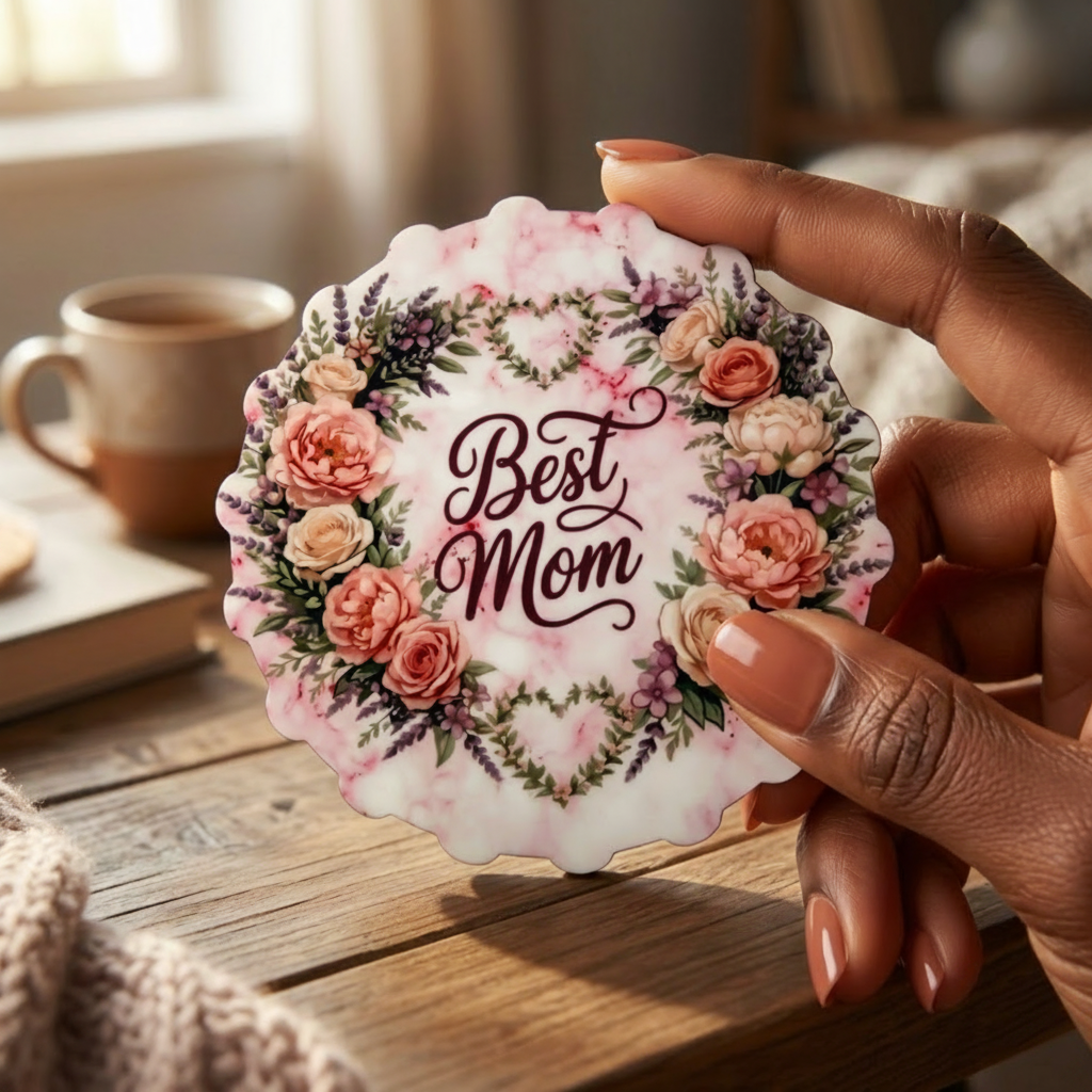 A Mother’s Love Scallop Shaped Coaster – 10 × 10 cm Single-Sided