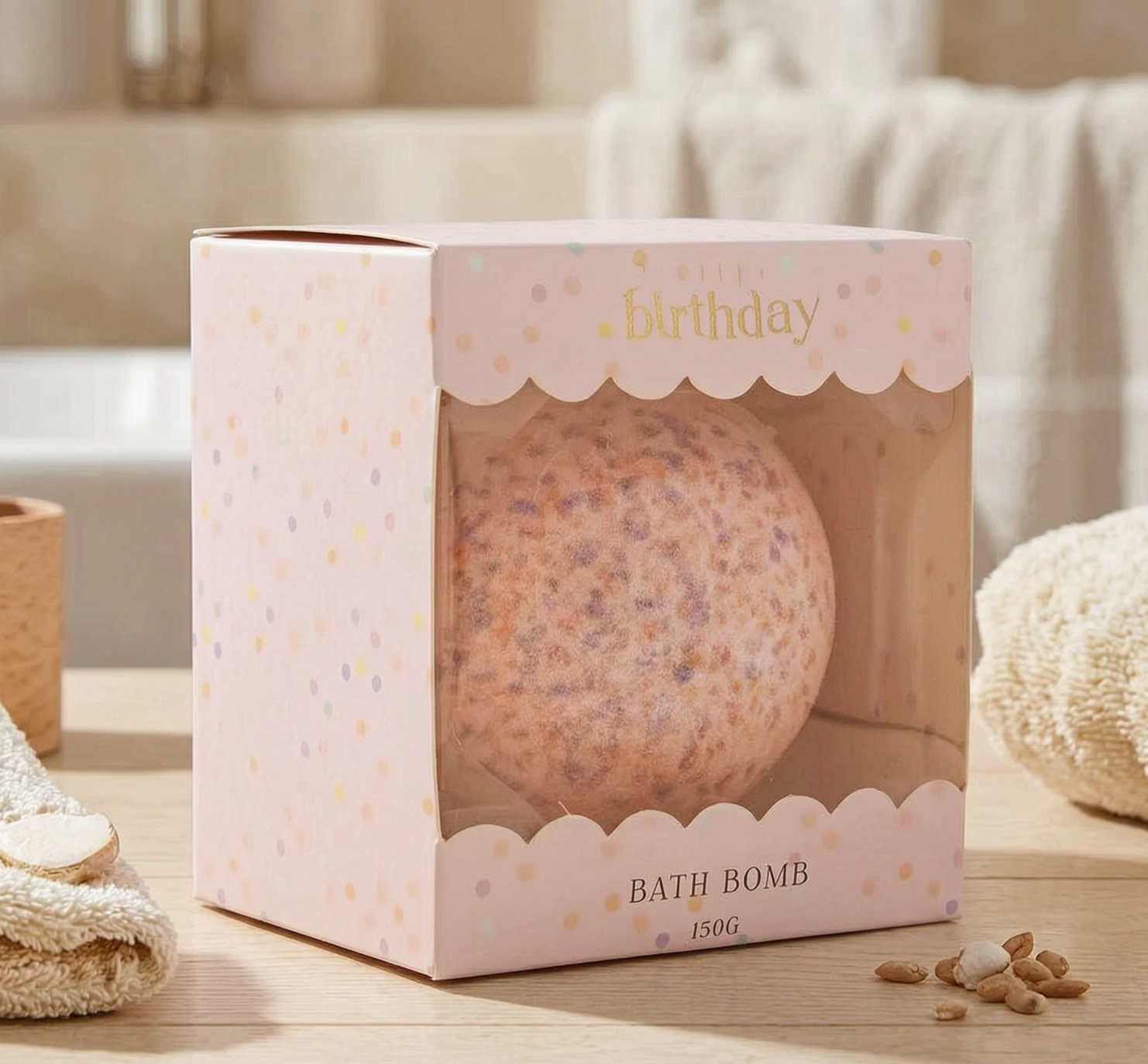 Bath bomb in a 'Happy Birthday' themed packaging on a wooden surface.