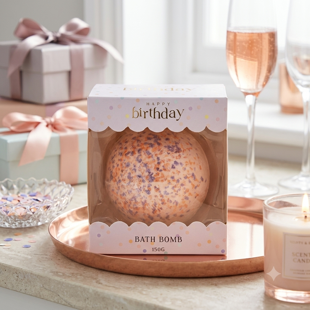 Bath bomb in a 'Happy Birthday' package on a table with champagne glasses and gifts.