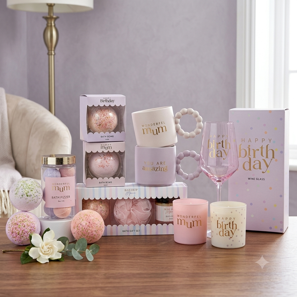 Gifting items including a mug, wine glass, candles, and bath bombs on a wooden surface.
