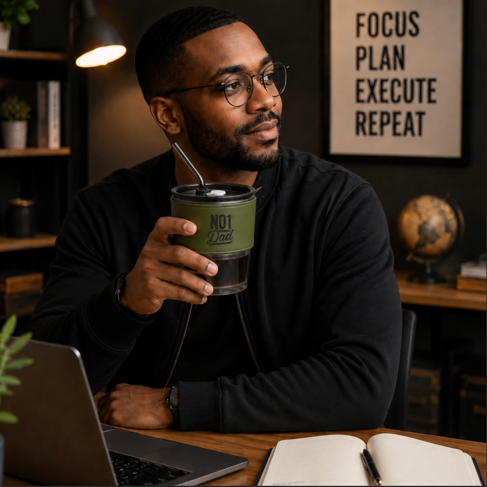 Man holding a green mug with text, sitting at a desk with a laptop and notebook.