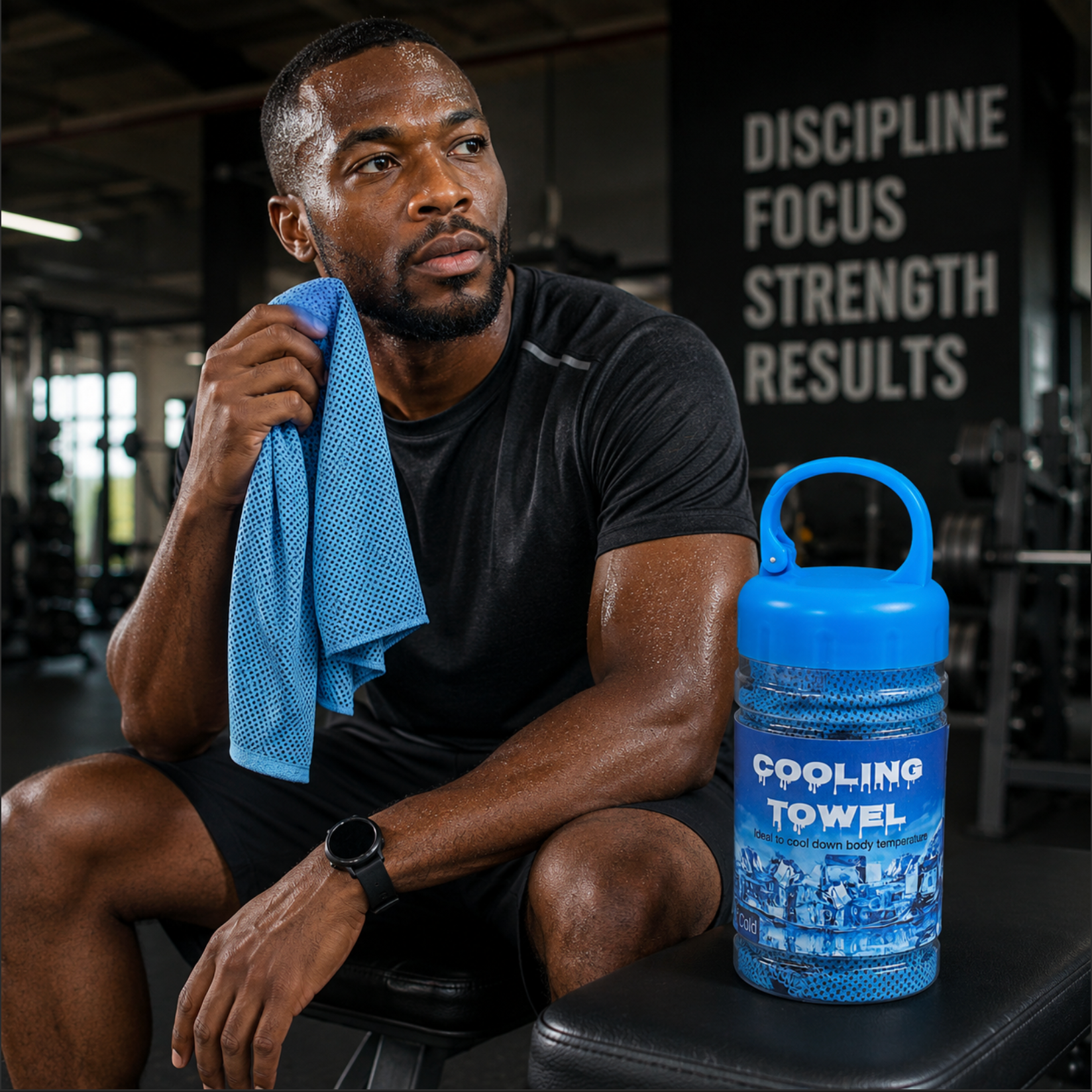 Man in a gym holding a blue cooling towel with a blue water bottle labeled 'Cooling Towel' next to him.