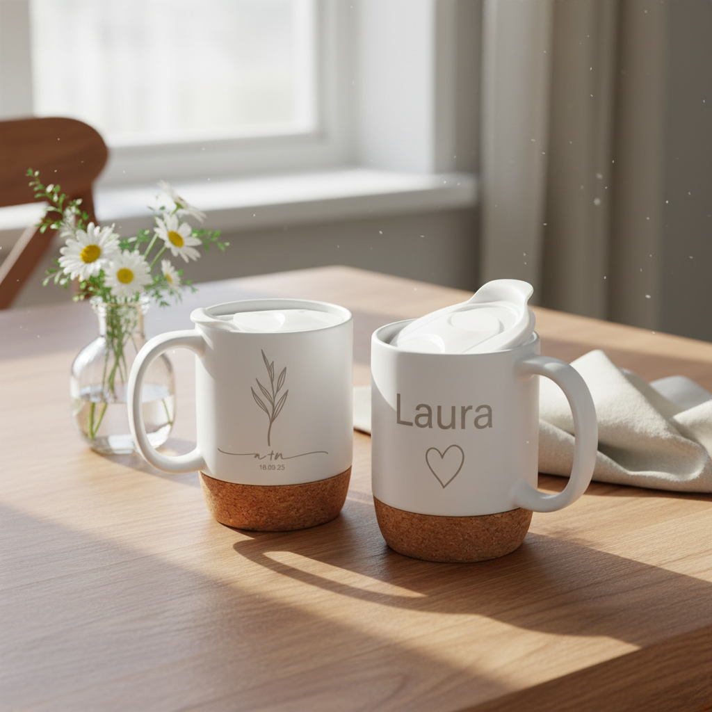 Personalised 13 oz Coffee Cup with Name & Floral Design - White Ceramic Mug with Cork Base