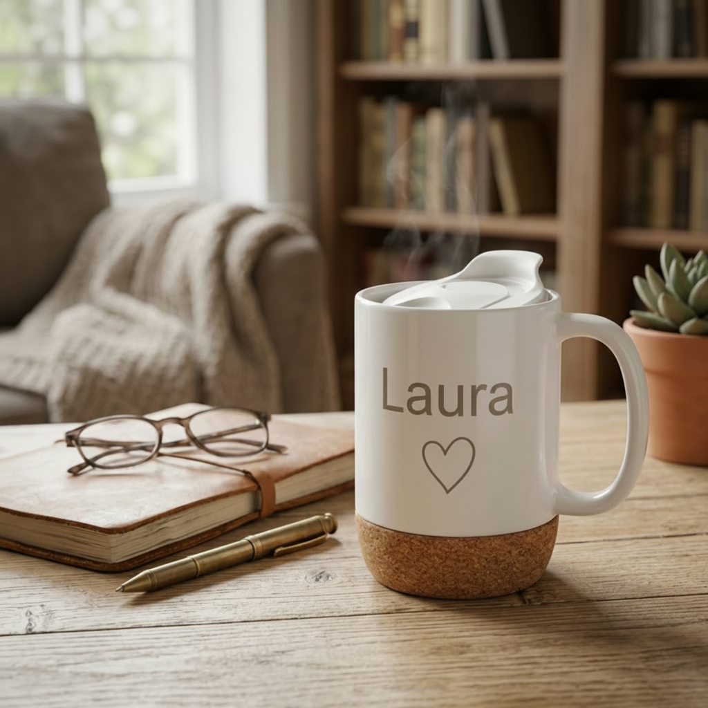 Personalised 13 oz Coffee Cup with Name & Floral Design - White Ceramic Mug with Cork Base