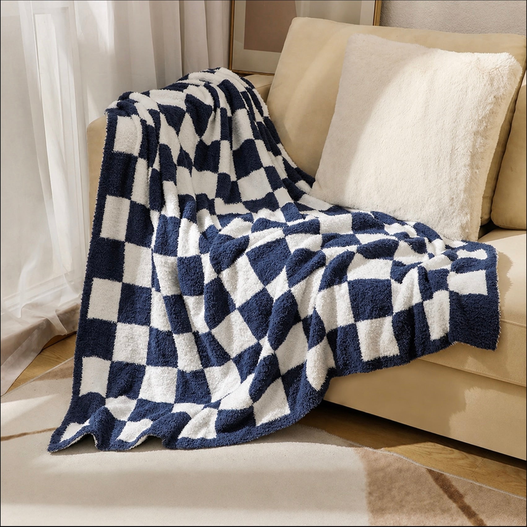 Blue Chequerboard Plaid Fleece Throw Blanket