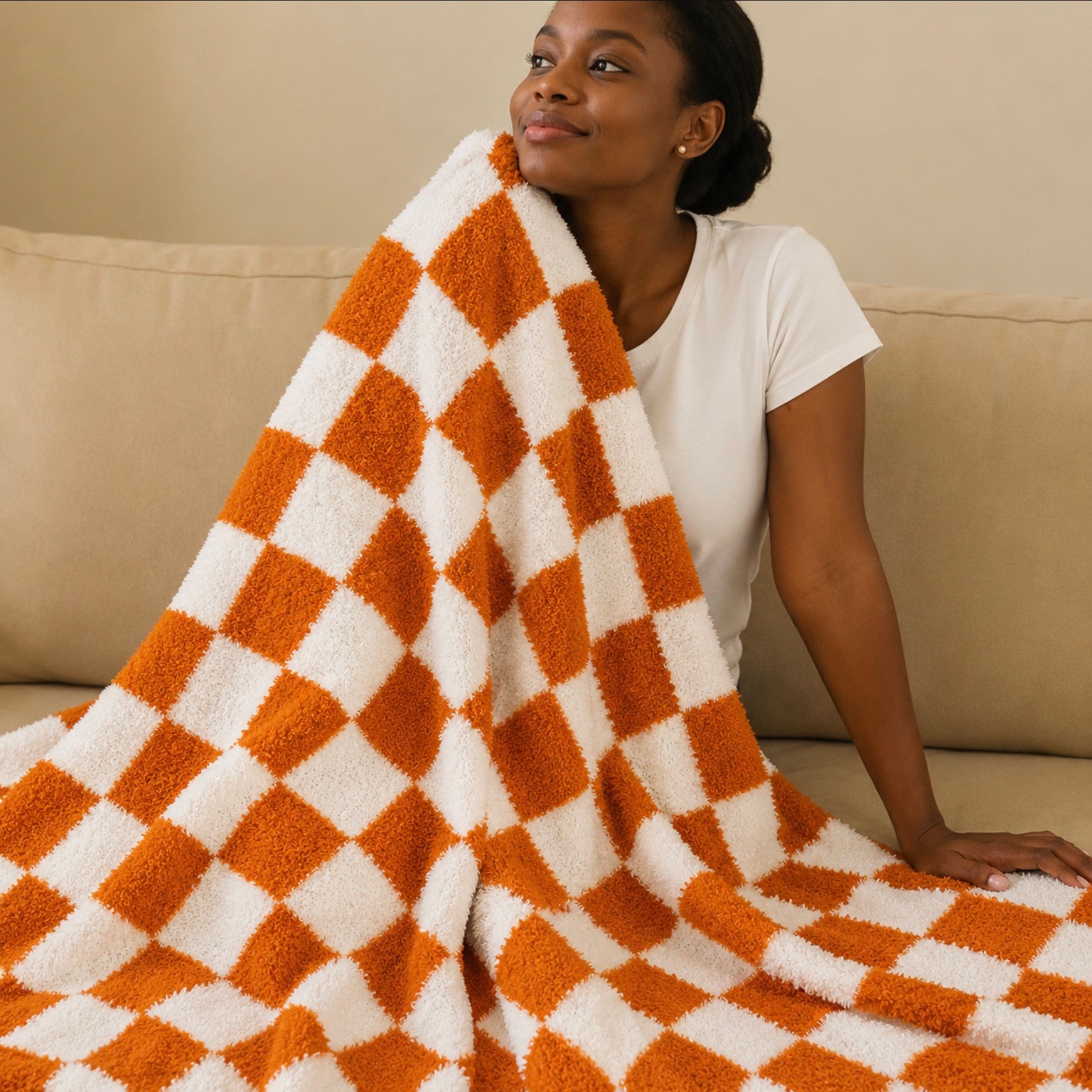 Orange Cosy plaid blanket for sofa