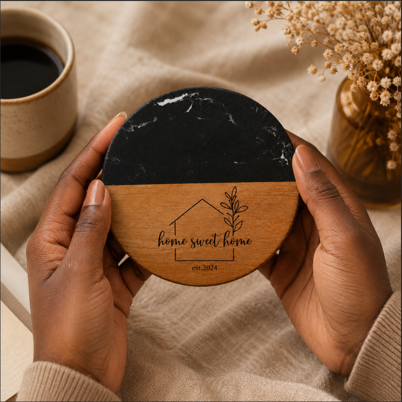 Person holding a black and wooden coaster with 'home sweet home' engraving, next to a cup of coffee and dried flowers.