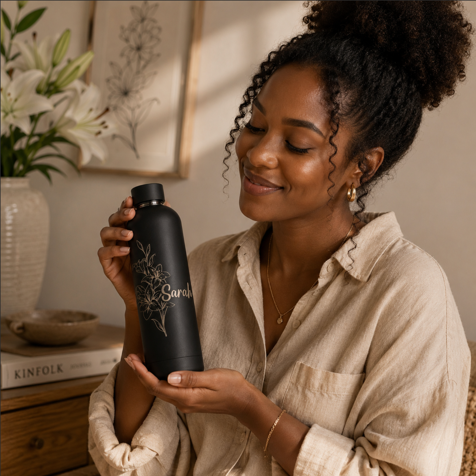 Personalised Soft Touch Black Water Bottle – 500ml Stainless Steel Flask