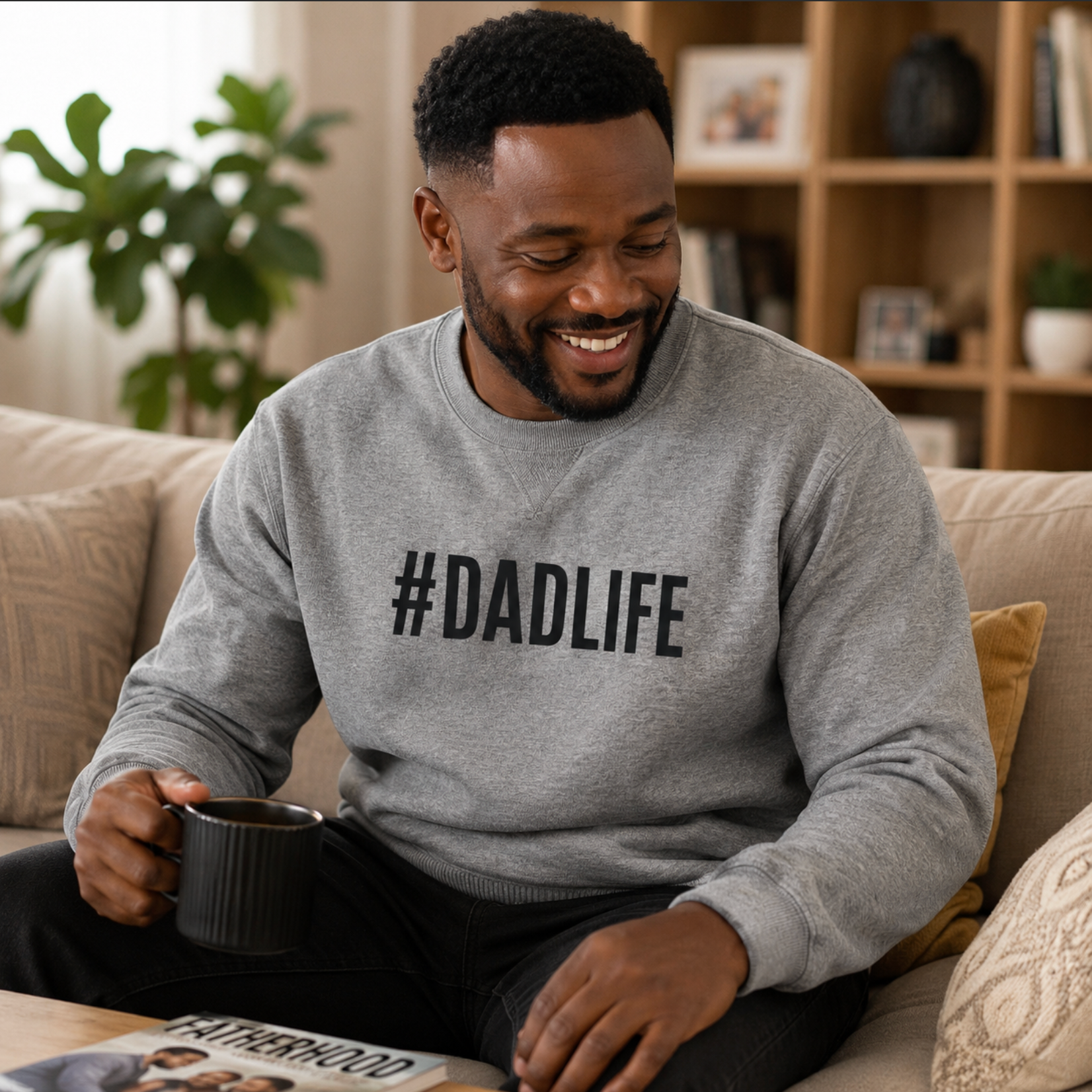 Man wearing a '#DADLIFE' sweater sitting on a couch holding a mug.