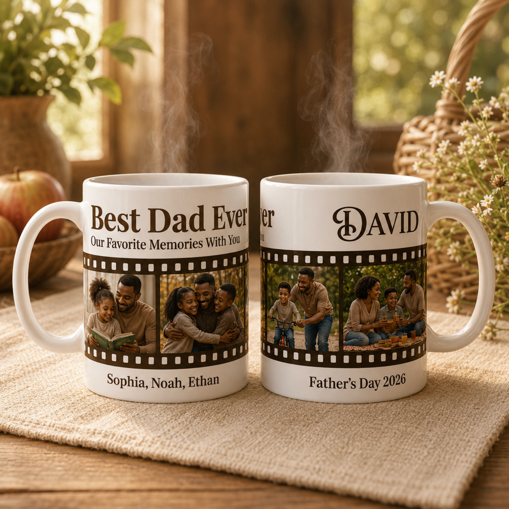 Two personalized mugs with family photos and text on a wooden surface.