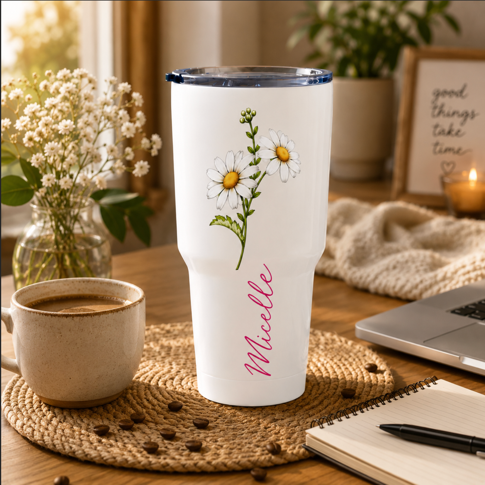 Personalised Travel Tumbler – 30oz Birth Flower Insulated Mug