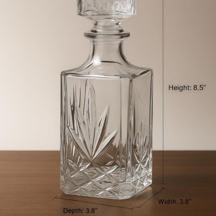 Crystal Glass Whiskey Decanter, Square Cut Design, 750ml Liquor Bottle with Stopper, Classic Diamond Pattern
