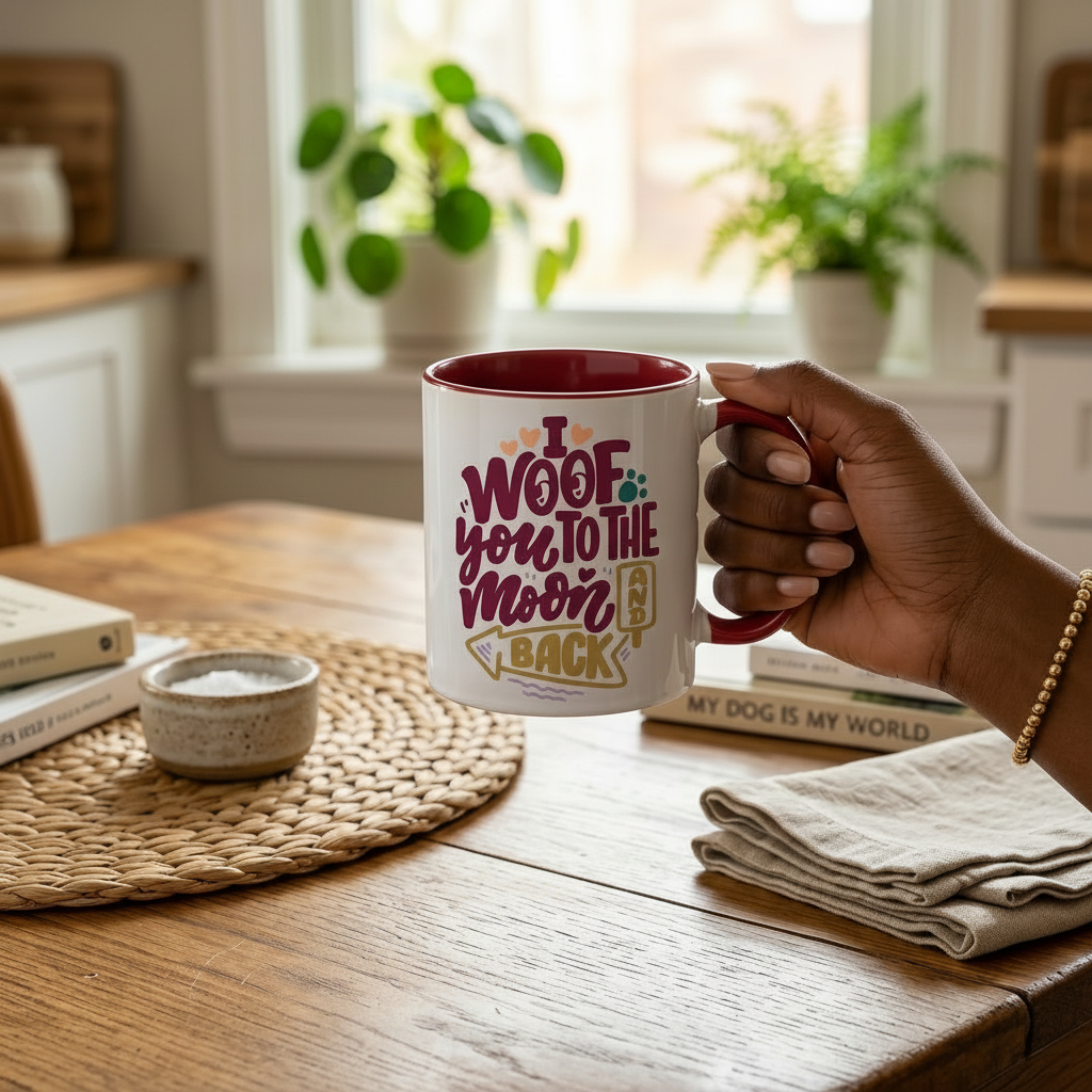 I Woof You to the Moon and Back Mug – 11 oz Inner Colour Ceramic Mug (Red)