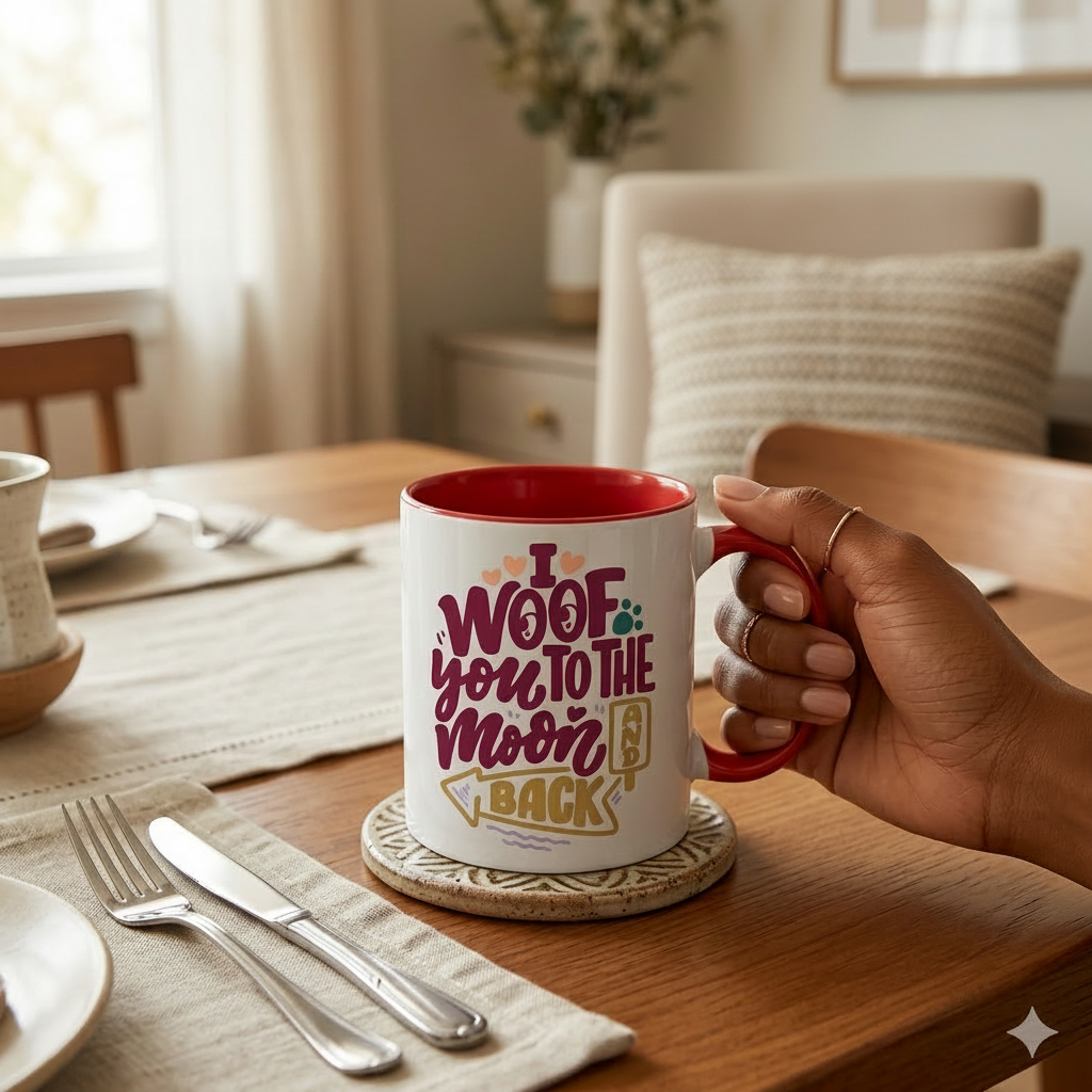 I Woof You to the Moon and Back Mug – 11 oz Inner Colour Ceramic Mug (Red)