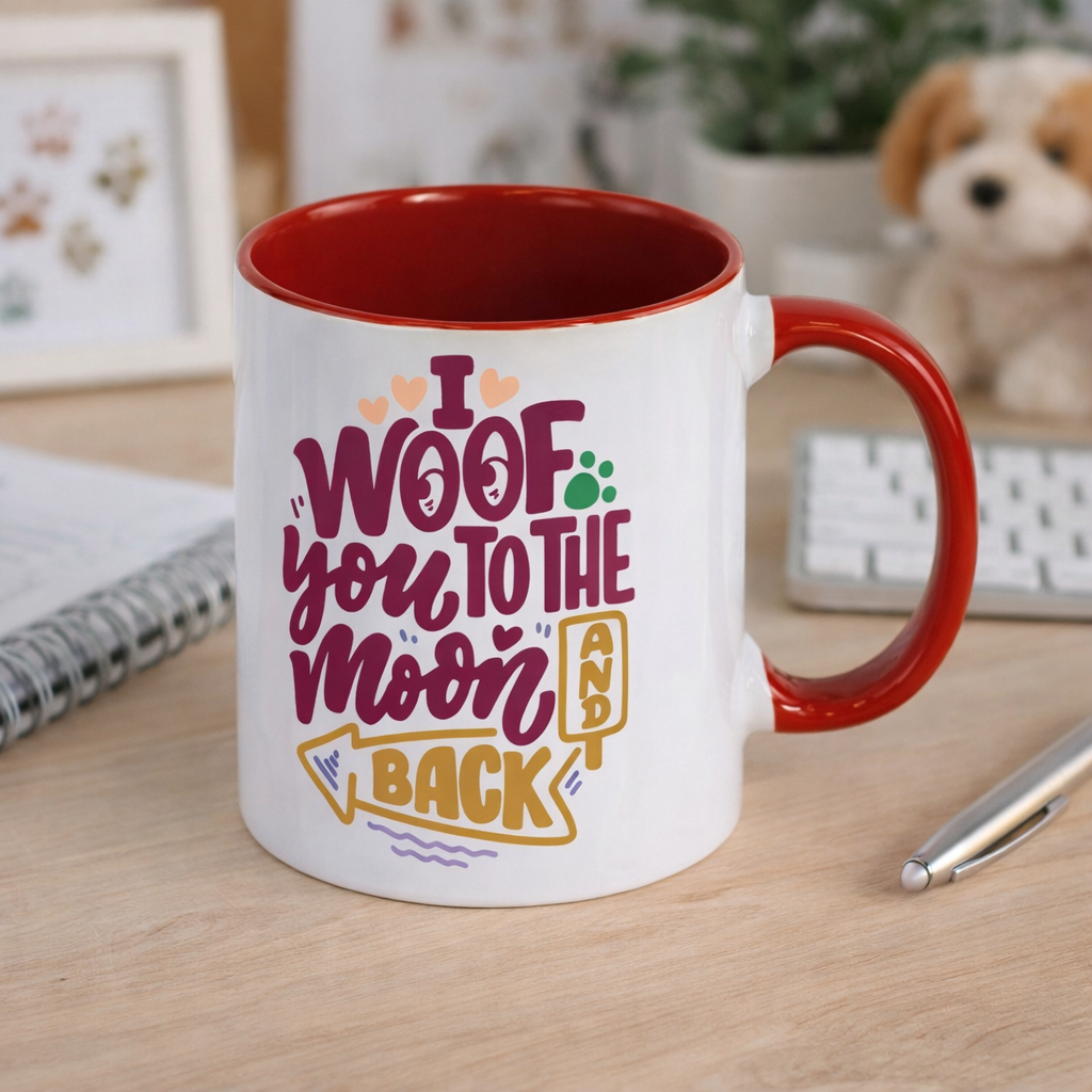 Personalised 11 oz Inner Colour Ceramic Mug (Red) – “I Woof You to the Moon and Back” Mug