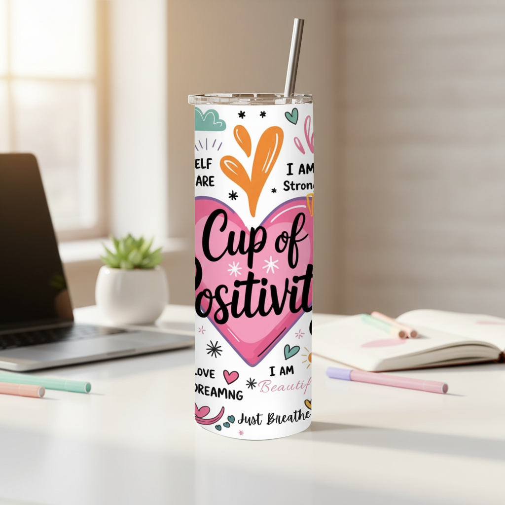 Tumbler with motivational quote on a desk with laptop and notebook