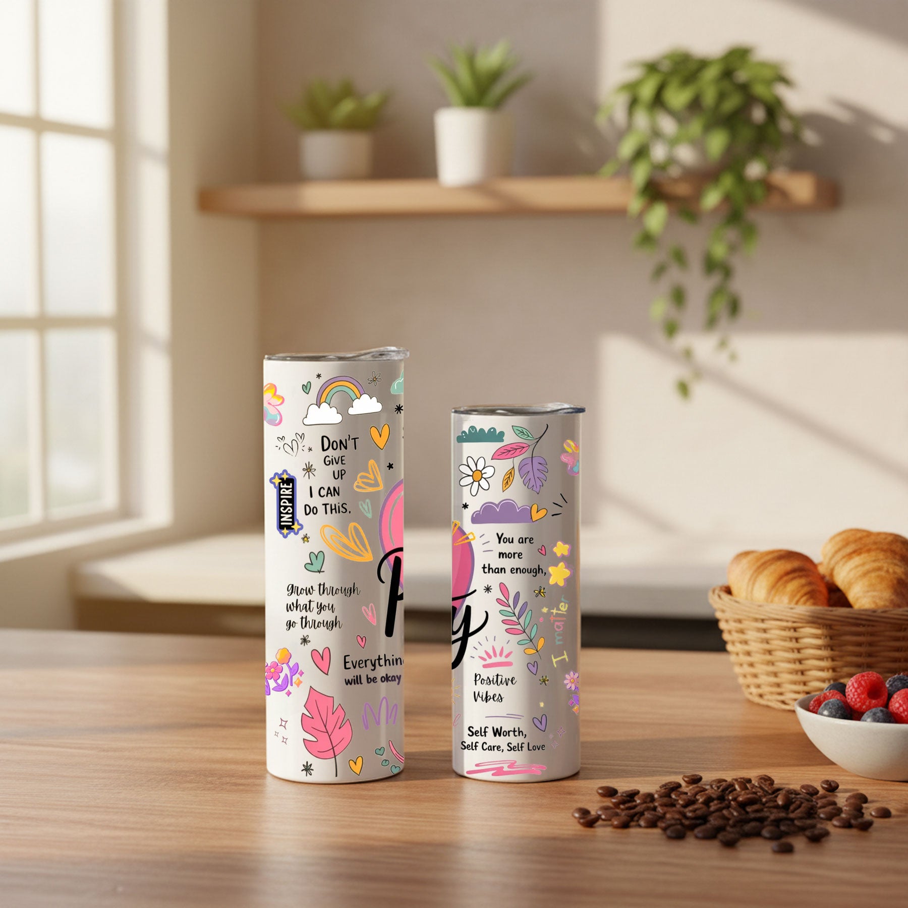 Two motivational tumbler designs on a wooden table with a window and plants in the background.