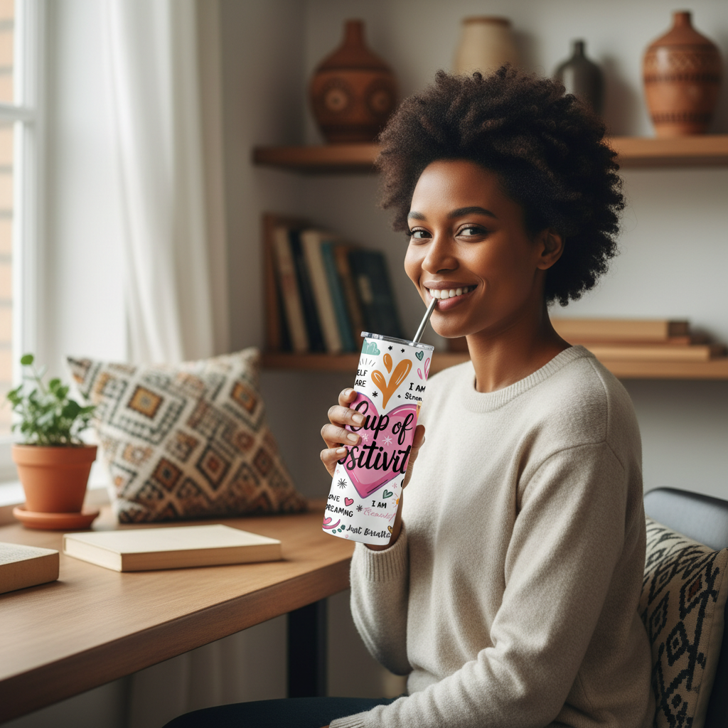 Woman holding a colorful drink container in a cozy living room