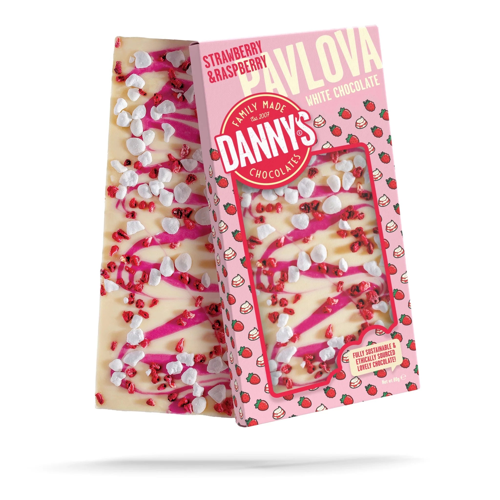 Danny’s – Strawberry & Raspberry Pavlova White Chocolate Bar (80g)