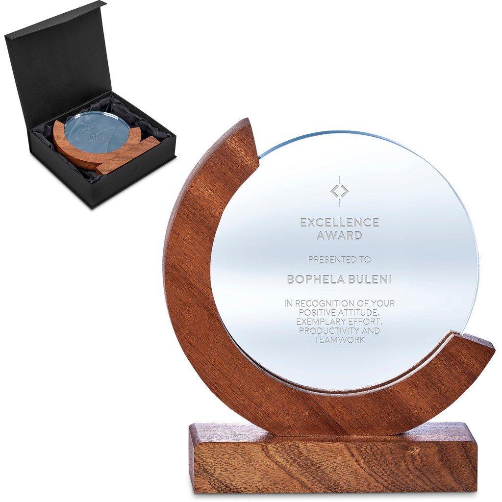 Altitude Reverence 7.9" Optical Glass & Wooden Base Engraved Recognition Award