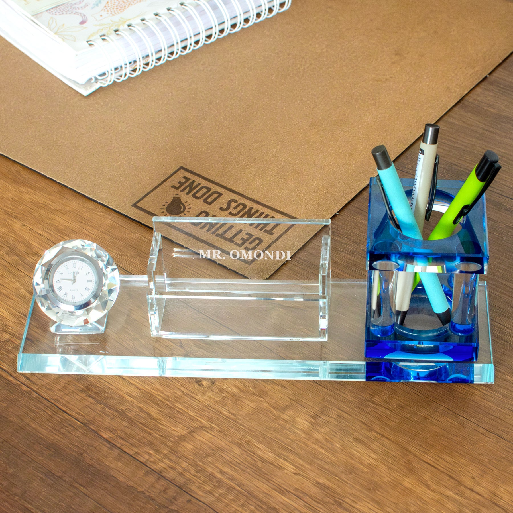 Personalised Glass Desk Organiser With Clock